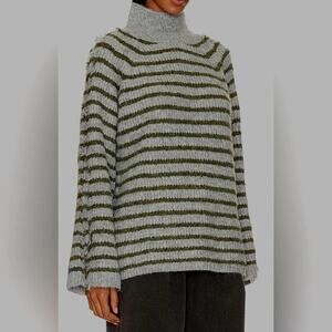 STITCHES + STRIPES Gray‎ Olive Green Fuzzy Stripe Mock Neck Sweater XS
